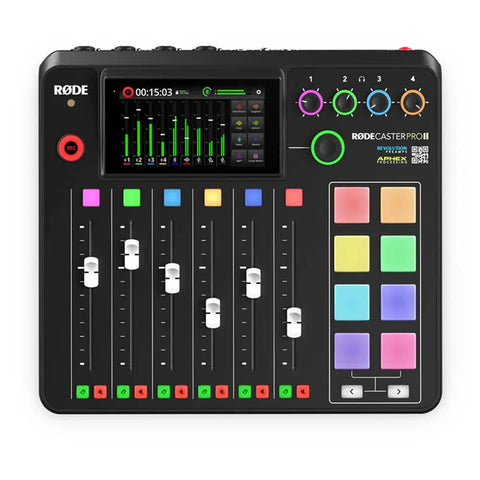 Slick Pro Live Streaming Console And Broadcast Mixing Interface Packing Beast Mode Revolution Preamps with faders and colorful buttons.