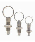 Stainless Steel Index Plunger Pull Lock Lever And Threaded Screw Kit For Equipment Cabinets Knockout Quality Galvanized Heavy Duty Snap Action Mounting Hardware Plug And Play Setup Five Piece Pack in three sizes.
