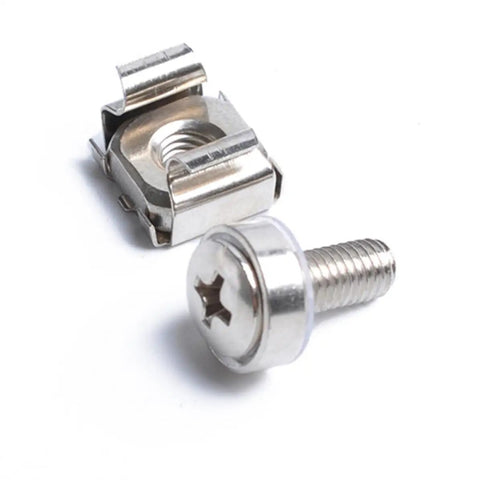 Close-up of M5 Cage Nut Kit with M5x16 screws and washers for cabinets and server racks square hole design fasteners.