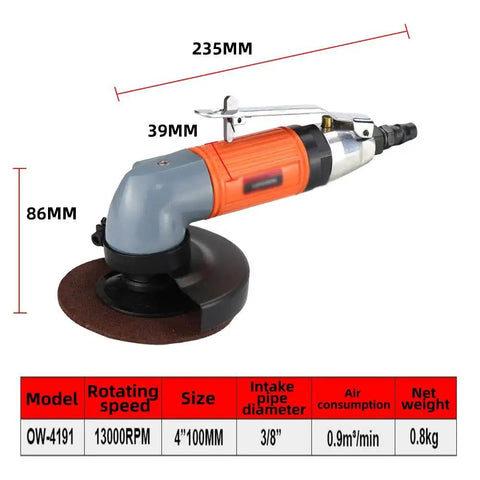 Badass 4 Inch Pneumatic Angle Grinder For Heavy Duty Polishing And Grinding Featuring Front Exhaust Cooling Adjustable Speed Switch And Rugged Metal Spark Guard Cover, showing size and design.