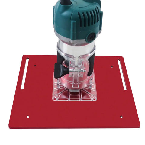 Adjustable Inverted Base Milling Table For Woodworking Planer And Trimmer Combo with a red base and router attachment.