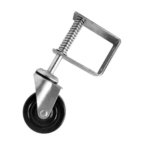 Badass 4 Inch Rubber Gate Wheel Caster Featuring An Adjustable Spring Bracket for sliding fence gates with strong rubber tire.