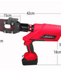 Professional Battery Powered Hydraulic Cable Cutter Featuring Serious 60KN Cutting Muscle 18V Lithium Ion Rechargeable Power Source showcased with measurements.