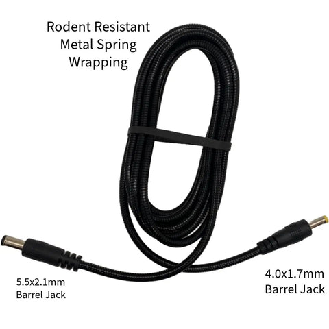 Plug And Play Solar Panel Trail Camera Power Cord Replacement 2.1Mm To 1.7Mm armored black cable with rodent-resistant metal spring wrapping.