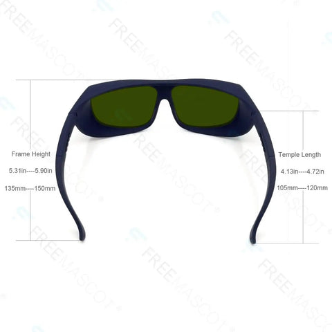 Top Shelf Professional IPL Laser Safety Glasses For Hair Removal And Cosmetology Featuring Wide Spectrum 190Nm To 2000Nm Protection with precise measurements and dark frames.