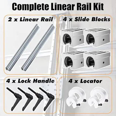 Complete Linear Rail Kit with 2 Linear Rails, 4 Slide Blocks, 4 Lock Handles, and 4 Locators for CNC applications.
