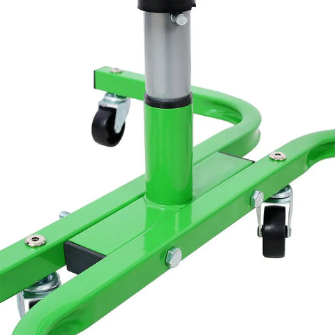 Professional Grade Tire Storage Stand With Heavy Rollers Rock Hard Carbon Steel Garage Organizer's green base and casters.