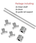 Top Shelf 35mm Linear Motion Shaft Kit With 2Pcs 2300mm Smooth Chrome Shafts And 2Pcs SCS35UU Slide Blocks Along With 4Pcs SK35 Aluminum Rail Supports For Your CNC Project Or 3D Printer Build Ensure Slick Precision And Sturdy Performance components showing 2 chrome shafts, 2 slide blocks, and 4 aluminum supports.