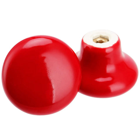 No Sweat Red Ceramic Cabinet Knobs Paired With Round Mushroom Door Pulls Plus Ready To Install Screws for kitchen cupboard refresh.
