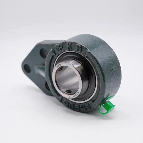Heavy Duty Workhorse Three Bolt Flanged Bearing Block With Set Screw Locking Unit For 15 16 Inch Shaft showing chrome steel and green paint finish.