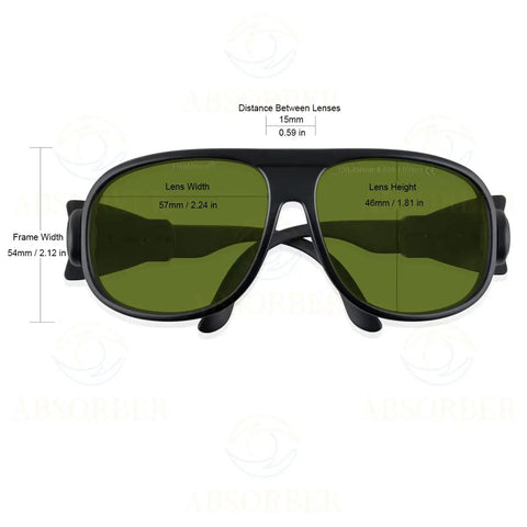 Pro Level Laser Safety Glasses With Slick Low Profile Frames And Hella Secure OD 6 Plus Shielding dimensions, black frame, green lenses