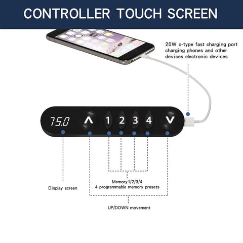 Controller touch screen for Rock Solid 55 Inch Electric Standing Desk with display and memory presets, fast charging port.