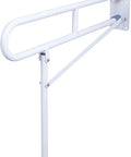 Heavy Duty Stainless Steel Toilet Safety Rails Featuring A Foolproof Flip Up Mechanism With Sturdy Leg Support for secure mounting in a bathroom.