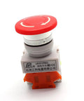 Heavy Duty Emergency Stop Push Button Switch With Bold Red Mushroom Cap And No Sweat Twist Reset Design Boss Level Build For Demanding Floor Jobs And Smooth Electromagnetic Control Panels Rated At AC 600 Volt, 37x72x30mm.