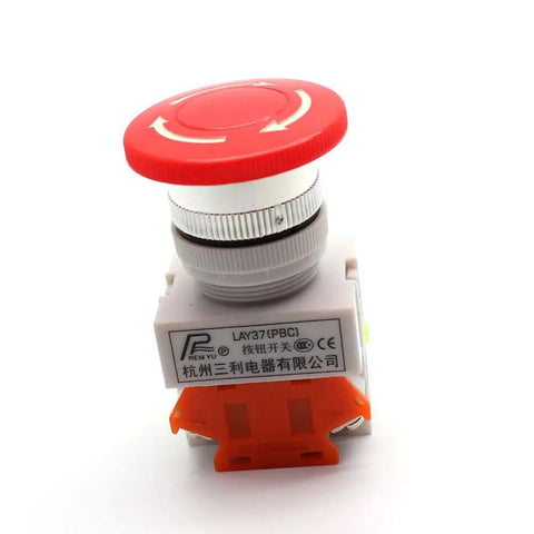 Heavy Duty Emergency Stop Push Button Switch With Bold Red Mushroom Cap And No Sweat Twist Reset Design Boss Level Build For Demanding Floor Jobs And Smooth Electromagnetic Control Panels Rated At AC 600 Volt, 37x72x30mm.