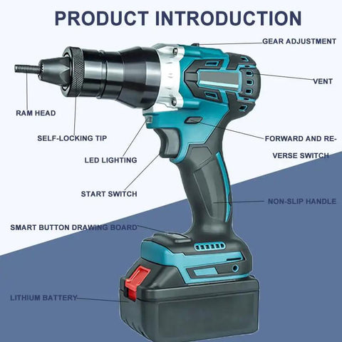 Brushless Cordless Electric Rivet Nut Gun Set With Durable Carry Case Automatic One Pull Riveter Tool For M3 To M12 showing features like LED lighting and non-slip handle.