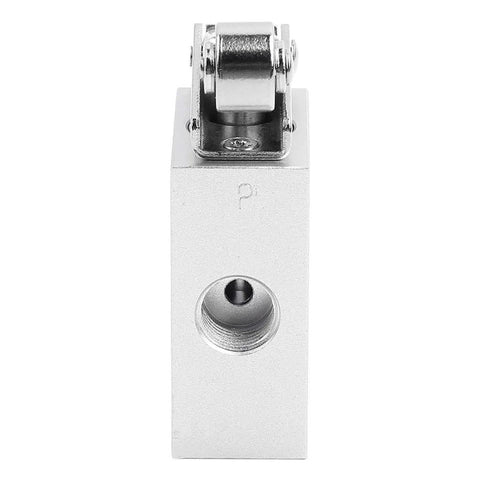 Heavy Duty Mechanical Pneumatic Roller Valve For Air Control With One Quarter Inch Ports, metal body, top view