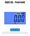 Top Notch Digital Force Gauge Offering Slick Pull And Push Measurements No Fuss Compact Design features a blue display showing peak hold mode.