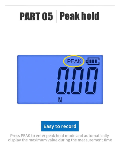 Top Notch Digital Force Gauge Offering Slick Pull And Push Measurements No Fuss Compact Design features a blue display showing peak hold mode.