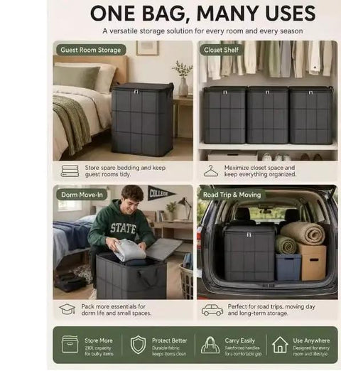 Roomy Large Capacity Moving Storage Bag With Smooth Clip Zipper And Foldable Build Heavy Duty Canvas Tote used for guest room storage.