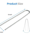 Six Inch Galvanized Garden Stakes 150 Pack, Heavy Duty Anti Rust Landscape Staples with dimensions displayed in image