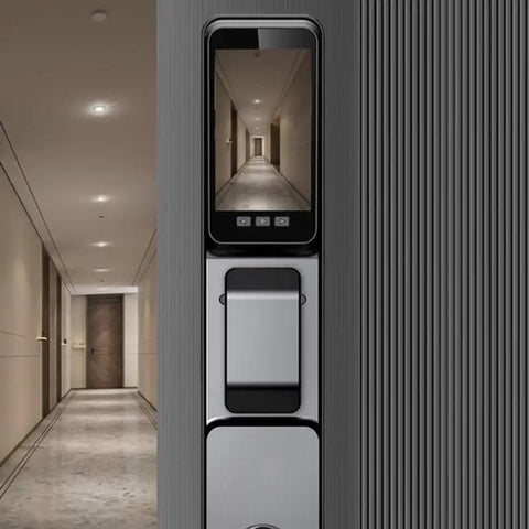Slick Smart Door Lock Featuring Built In Camera Voice Intercom And Fast Fingerprint Scan Password Entry Along With Hella Secure Auto Deadbolt close-up view of lock with display.