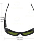 Pro Level Laser Safety Glasses With Slick Low Profile Frames And Hella Secure OD 6 Plus Shielding Over Violet And Infrared Bands For Indoor Or Outdoor Shop Work, front view with dimensions.