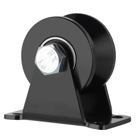 Heavy Duty 2 Inch V Groove Sliding Gate Casters Built Tough With Rock Solid Steel For Silky Smooth Gliding Action Rust Proof Coating Fits Standard 90 Degree V Tracks Comes As Four Pack close-up of black steel wheel and bracket.