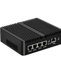 Heavy Duty Fanless Mini PC With Intel J6412 Chip And Quad 2.5G Lan Ports Plus Sim Card Slot shown from the side, showcasing ports.