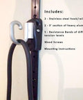 Top Tier Space Saving Home Gym Resistance Band System With Gliding Wall Track Three Foot Aluminum Mount And Five Bands Plus Handles showing stainless steel hooks and heavy aluminum track.