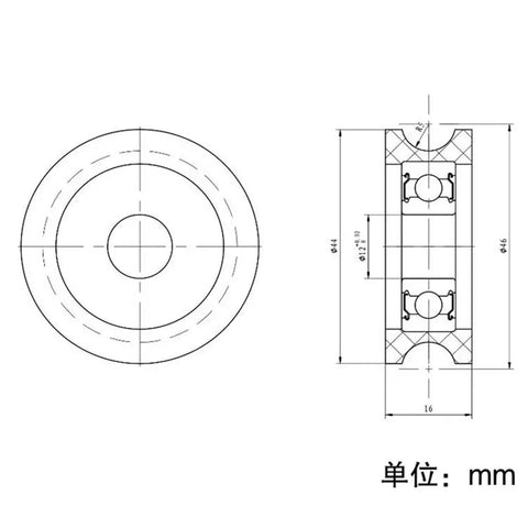 Diagram of 10 Pack Badass U Groove Plastic Coated Bearing 6201 12mm Bore 44mm OD 16mm Thickness POM Nylon White Pulley Wheel.