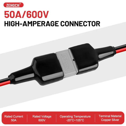 Built Tough 50A Solar Panel Connector with 10AWG Tinned Copper Extension Cable for Solar Generators, 50A, 600V rating.