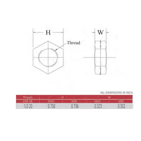 Dimensional drawing of 1/2-20 hex nut, showing height and width measurements for Built Different Heavy Duty Half Inch Thread Heim Ball Joints.