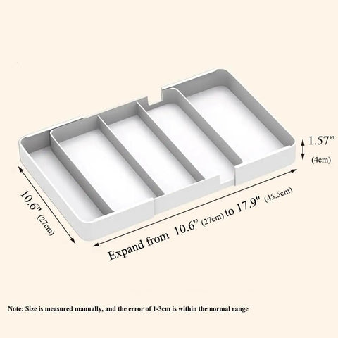Shallow Drawer Organizer 1.57 Inch High, All In One Modular Expandable Desk Divider Tray, white, showing expandable sections.