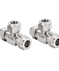 Pysrych 304 stainless steel compression tees, angled view, 3/8 in OD tubes, 3-way fittings, pack of 2