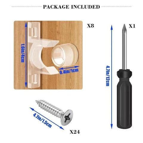 8 Sets False Front Cabinet Clips Replacement Kit For Kitchen Cabinet Doors And Drawers Includes Sink Clips Tip Out Tray Kit And Matching Screwdriver In High Quality Transparent Plastic showing components of kit with measurements