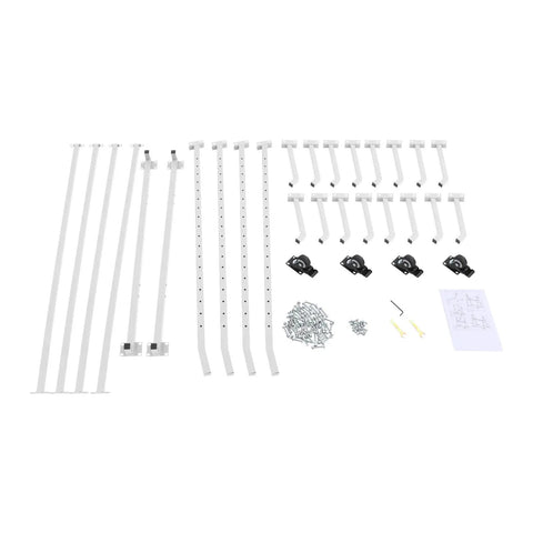 Rock Solid Heavy Duty Horizontal Storage Rack With Wheels, 5 Tier Mobile Iron Pipe And Conduit Holder Cart Holds Up To 500 Lbs For Garage Workshop And Basement Organization Game Changer, White assembly parts including pipes, wheels, screws, and instructions.