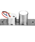 12V Mini Electric Bolt Lock Solenoid With Five Wire Feedback Sensor Tough As Nails Stainless Steel Build top view on a metal base.