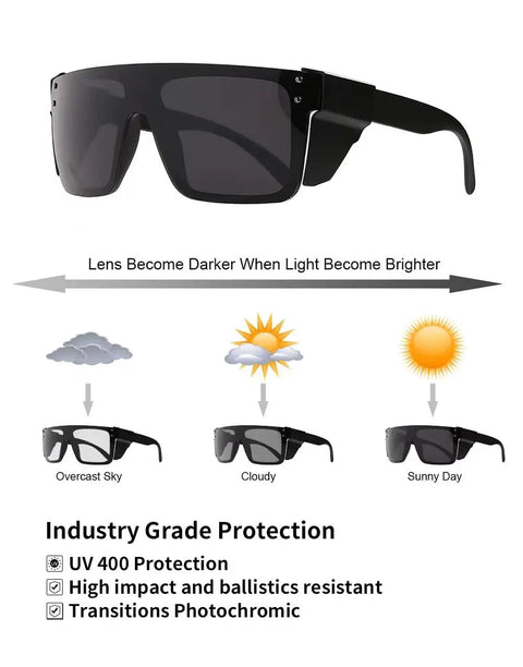 Go To Transition Photochromic Safety Glasses With UV400 Grey Lenses And Ansi Z87 Impact Resistant Wraparound Frame showing adaptive lens features.