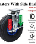 Heavy Duty Swivel Casters Rock Solid Eight And Ten Inch Pneumatic Wheels With Side Brakes and Quick Install Mount Brackets Pack Of Four close-up.
