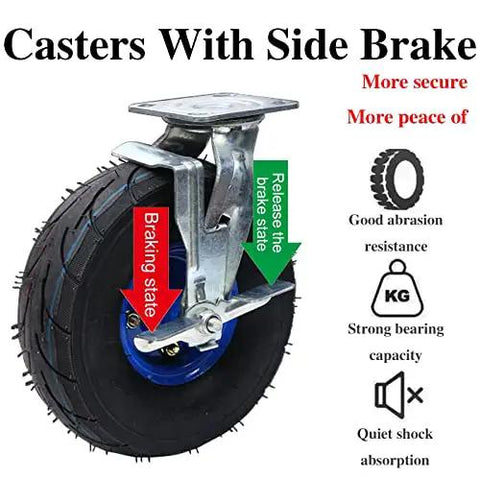 Heavy Duty Swivel Casters Rock Solid Eight And Ten Inch Pneumatic Wheels With Side Brakes and Quick Install Mount Brackets Pack Of Four close-up.