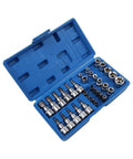 Helluva Tough 34 Piece Socket Set With E Type Sockets And Torx Bits Forged From Premium Chrome Vanadium Steel for auto mechanics in blue case.