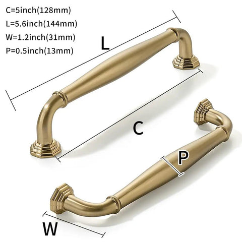 Top Shelf Brushed Brass Cabinet Pulls 10 Pack 5 Inch Center To Center Heavy Duty Solid Metal Handles warm gold finish angle view