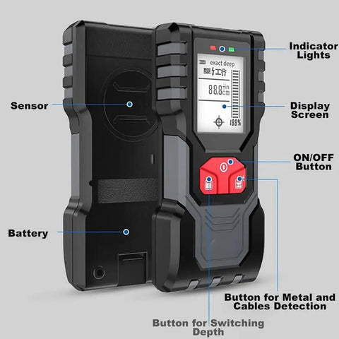 Nailed It Digital Stud Finder Wall Scanner showing sensor, display screen, and buttons for detection and depth adjustment.