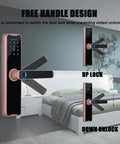 High Tech Fingerprint Electronic Smart Door Lock Keyless Entry Handle with Virtual Password and Remote Control displayed with free handle design.