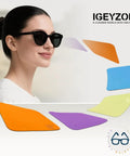 iGeyzoe microfiber lens cleaning cloths, front view with sunglasses; 8-pack in orange, purple, blue, yellow.