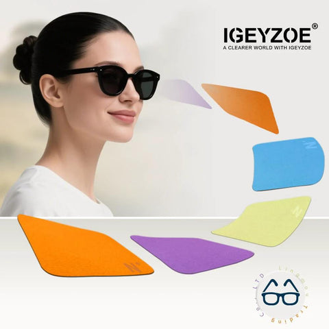 iGeyzoe microfiber lens cleaning cloths, front view with sunglasses; 8-pack in orange, purple, blue, yellow.