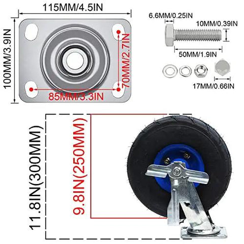 Heavy Duty Swivel Casters Rock Solid Eight And Ten Inch Pneumatic Wheels With Side Brakes And Quick Install Mount Brackets Pack Of Four set of four casters with mounting plate and wheel measurements.