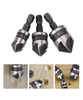SOCOJE 3-piece countersink drill bit set, 1/4 in hex shank, 5-flute, 90-degree countersink, 12/16/19mm for wood and metal