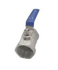 Rock Solid SS304 Stainless Steel Female BSP Ball Valve For Dang Tough Water Flow Control with blue handle angle view.